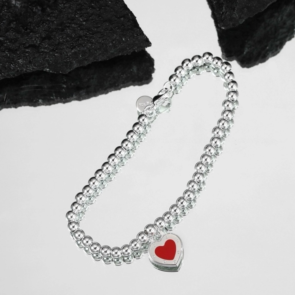 Solid sterling silver beaded Heart bracelet